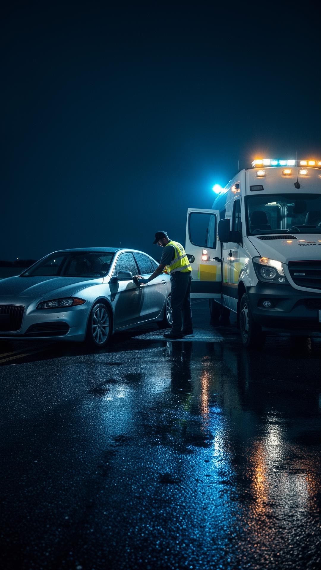 Roadside assistance technician helping driver in Texas at night